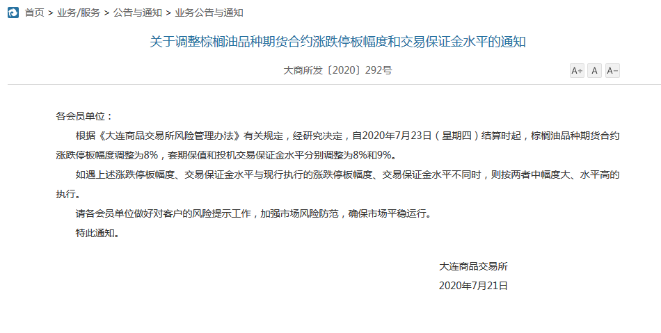 【轉發】關于調整棕櫚油品種期貨合約漲跌停板幅度和交易保證金水平的通知