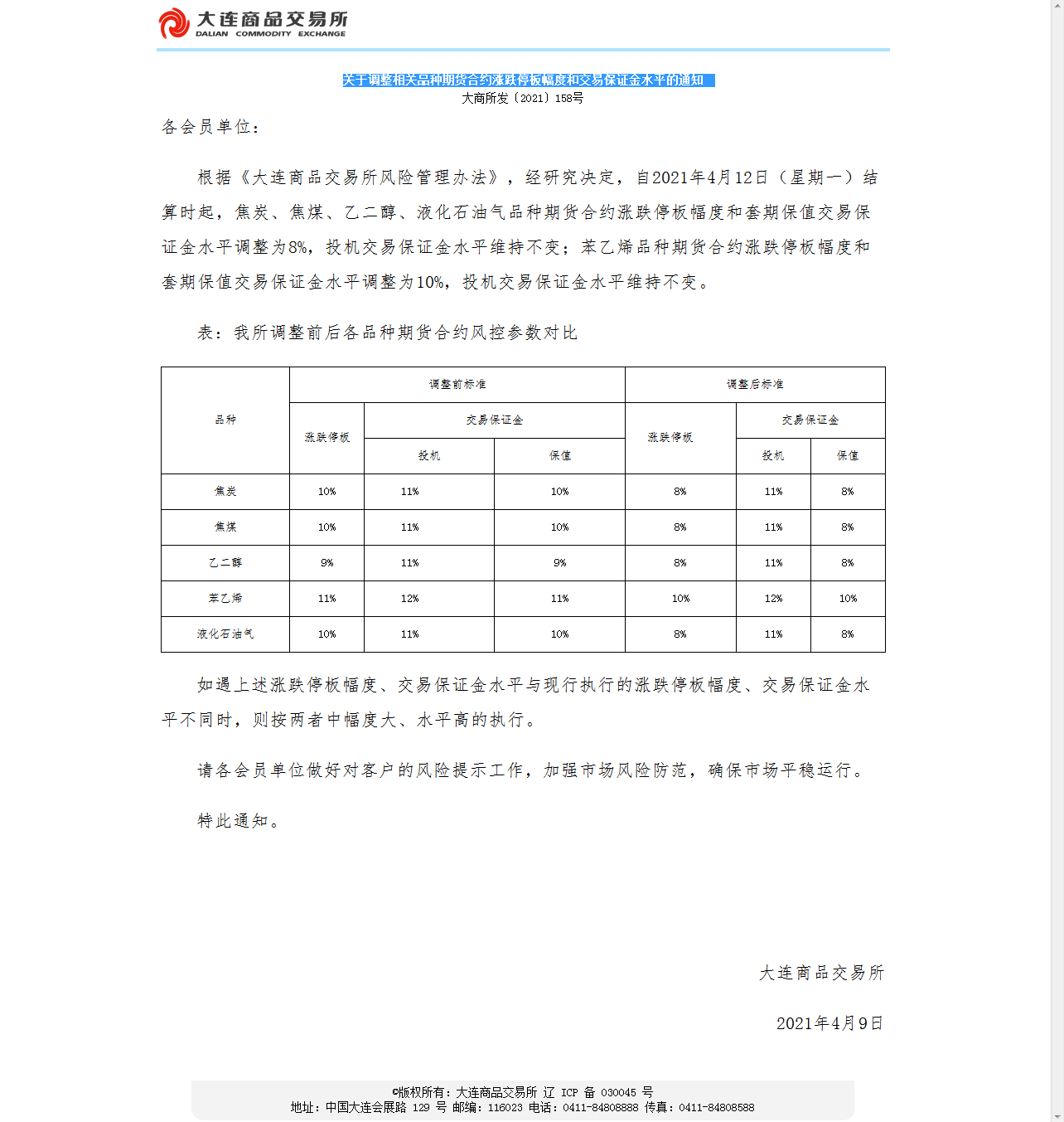 【轉發】關于調整相關品種期貨合約漲跌停板幅度和交易保證金水平的通知